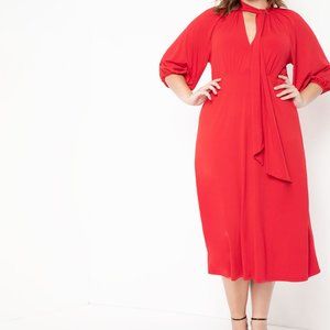 Eloquii Puff Sleeve Tie Neck Midi Dress